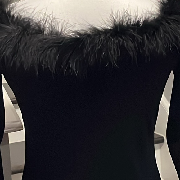Carabella Black Dress. Scoop neckline trimmed in feathers. Long sleeves feathers - Picture 6 of 12